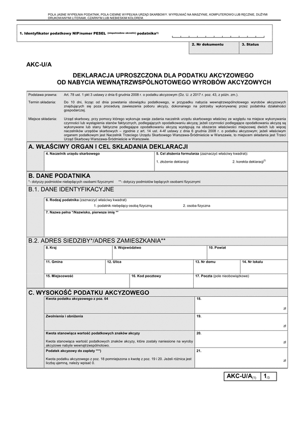 AKC-U/A (1) (archiwalny) Deklaracja uproszczona dla podatku akcyzowego od nabycia wewnątrzwspólnotowego wyrobów akcyzowych