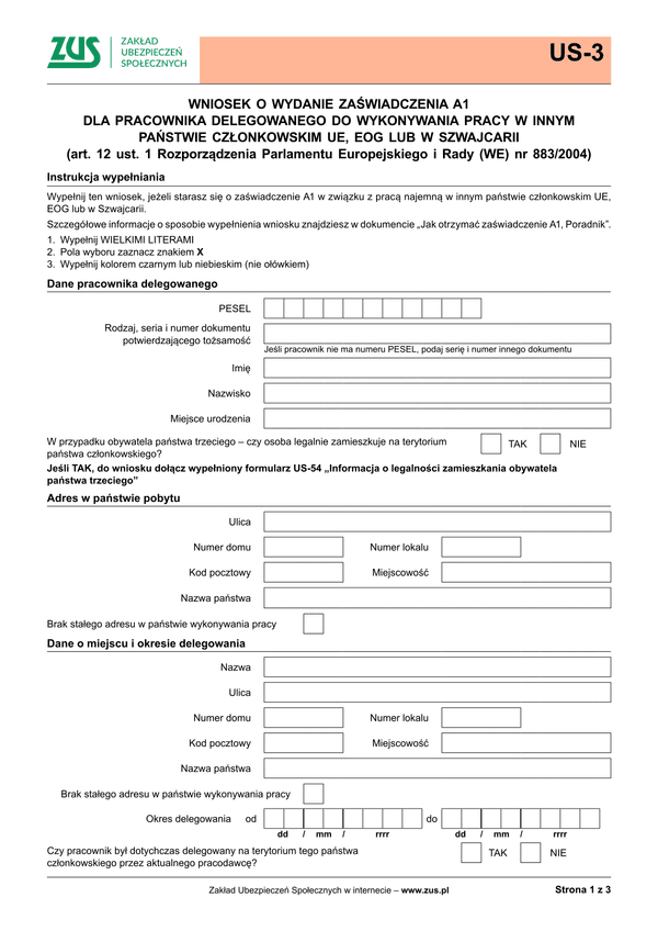 ZUS US-3 (archiwalny) niosek o wydanie zaświadczenia A1 dla pracownika delegowanego do wykonywania pracy w innym państwie członkowskim UE, EOG lub w Szwajcarii