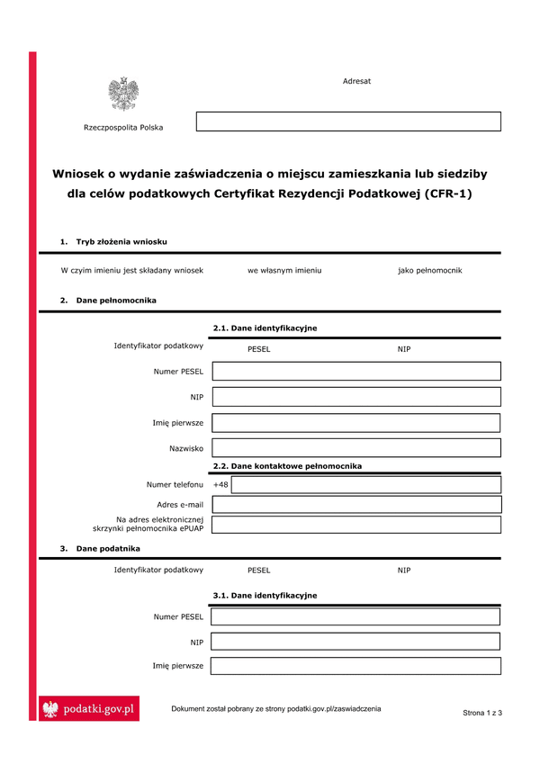 W CFR-1 (archiwalny) Wniosek o wydanie zaświadczenia o miejscu zamieszkania lub siedzibie dla celów podatkowych (certyfikat rezydencji) - CFR-1