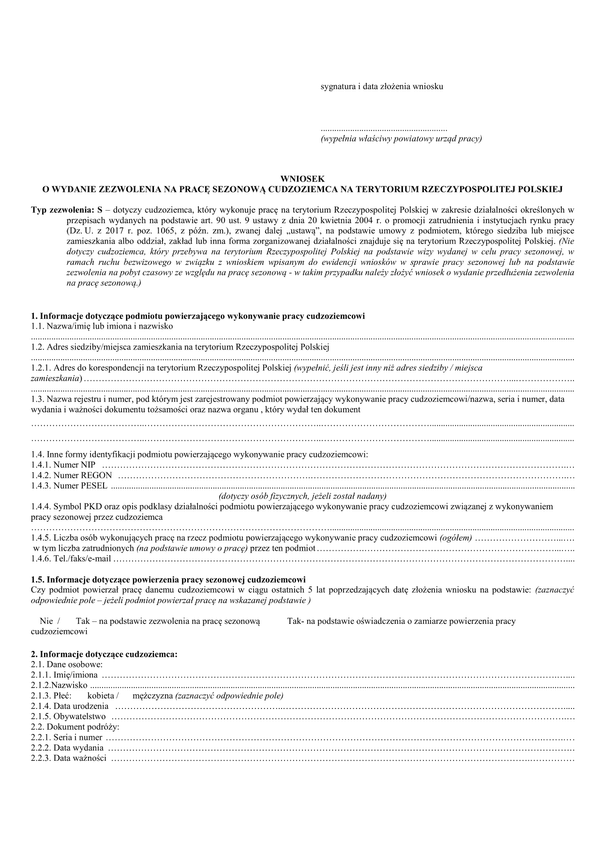 ZPCRP-S (archiwalny) Wniosek o wydanie zezwolenia na pracę sezonową cudzoziemca na terytorium Rzeczypospolitej Polskiej