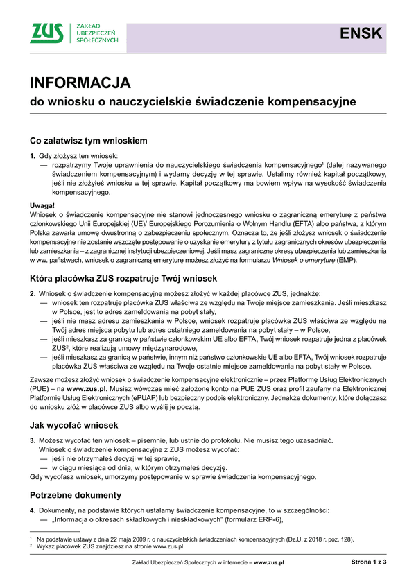 ZUS ENSK-ins (archiwalny) Informacja do wniosku o nauczycielskie świadczenie kompensacyjne