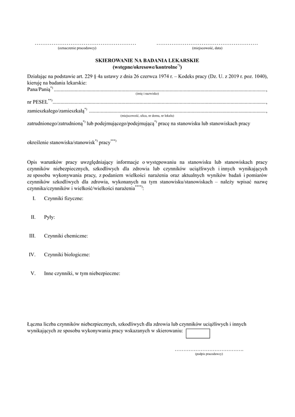 SBL (archiwalny) Skierowanie na badanie lekarskie (Dz. U. z 2019 r., poz. 1040)