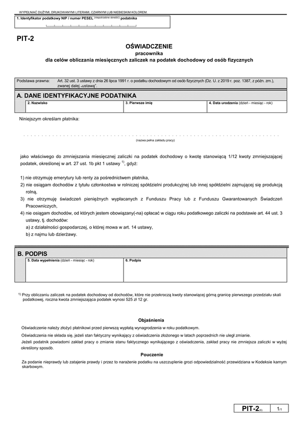 PIT-2 (6) (archiwalny) (2020-2022) Oświadczenie pracownika dla celów obliczania miesięcznych zaliczek na podatek dochodowy od osób fizycznych