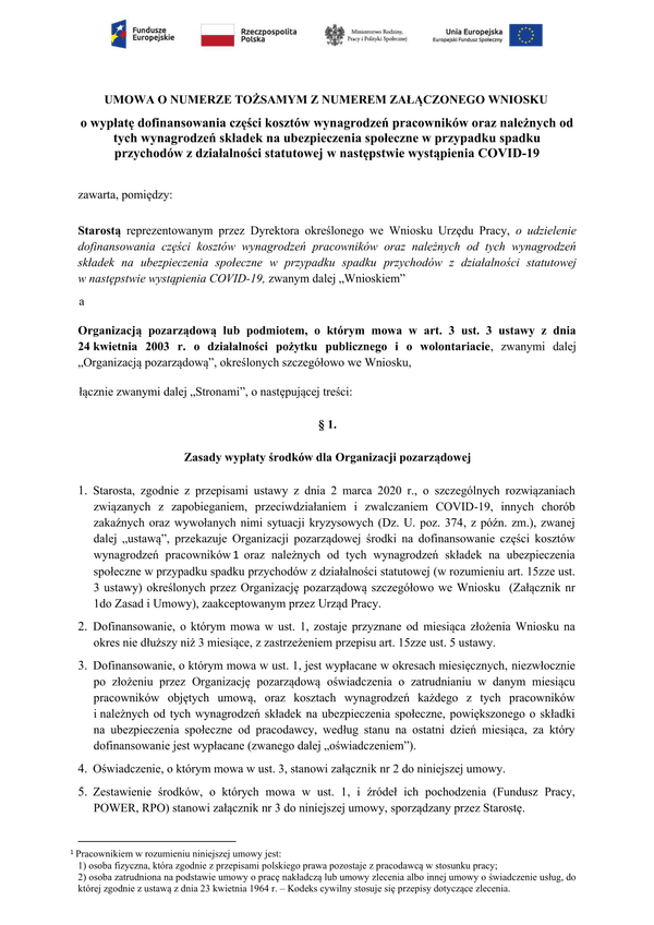 PSZ-DKWO Um (archiwalny) Umowa do wniosku o wypłatę dofinansowania części kosztów wynagrodzeń pracowników oraz należnych od tych wynagrodzeń składek na ubezpieczenia społeczne (Covid-19 koronawirus)