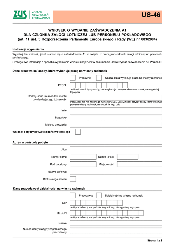 ZUS US-46 Wniosek o wydanie zaświadczenie A1 dla członka załogi lotniczej lub personelu pokładowego - z wysyłką do PUE ZUS