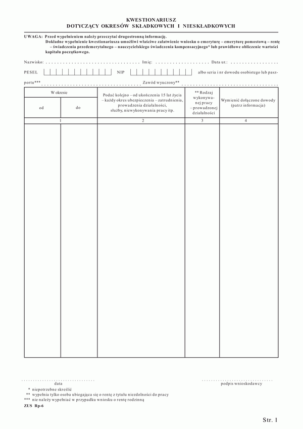 ZUS RP-6   (archiwalny) Kwestionariusz dotyczący okresów składkowych i nieskładkowych