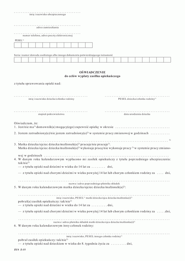 ZUS Z-15 (od 2012) (archiwalny) Oświadczenie dla celów wypłaty zasiłku opiekuńczego