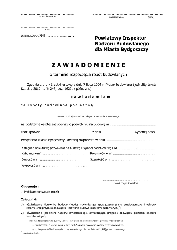 ZoTRRB-B (bud) (archiwalny) Zawiadomienie o terminie rozpoczęcia robót budowlanych (budowla/pinb) Bydgoszcz
