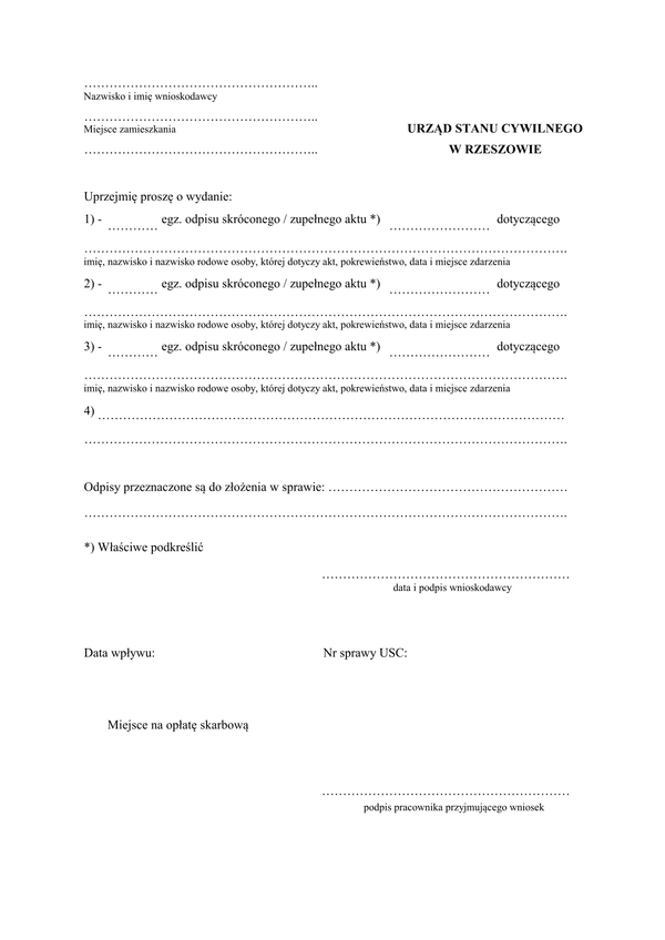 WOWAC-Rz (archiwalny) Wniosek o wydanie odpisu aktu stanu cywilnego Rzeszów