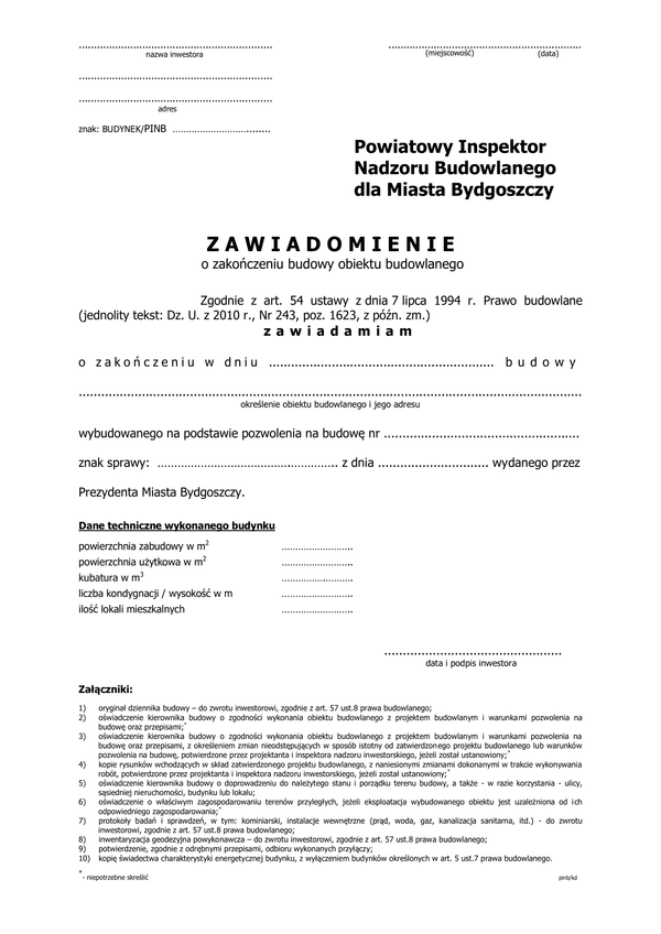 ZZB-mB (b) (archiwalny) Zawiadomienie o zakończeniu budowy budynku miasto Bydgoszcz