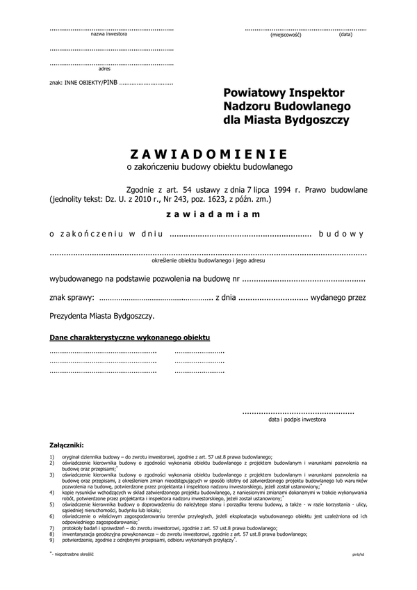 ZZB-mB (i) (archiwalny) Zawiadomienie o zakończeniu budowy - inne obiekty miasto Bydgoszcz