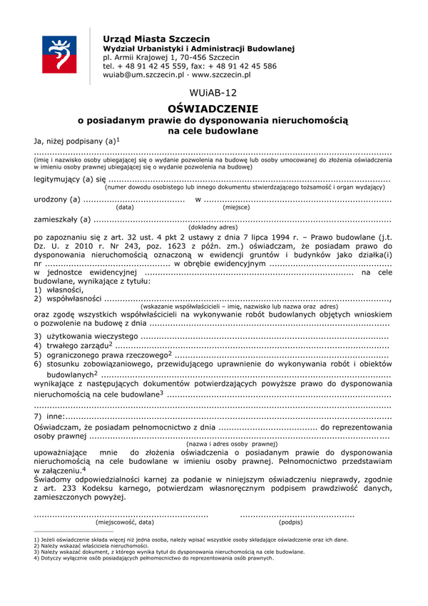 WUiAB-12 (archiwalny) Oświadczenie o posiadanym prawie do dysponowania nieruchomością na cele budowlane Szczecin