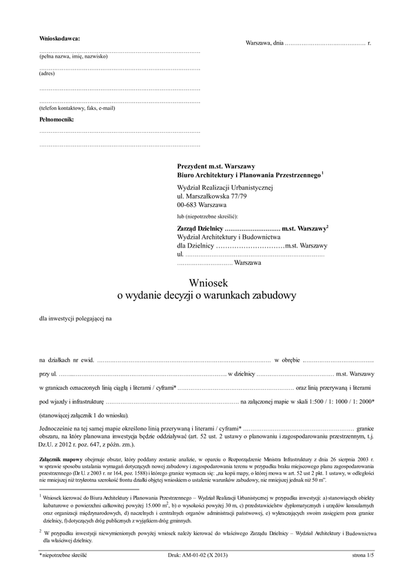 WUWZ-W  (od X 2013) Wniosek o wydanie decyzji o  warunkach zabudowy Warszawa