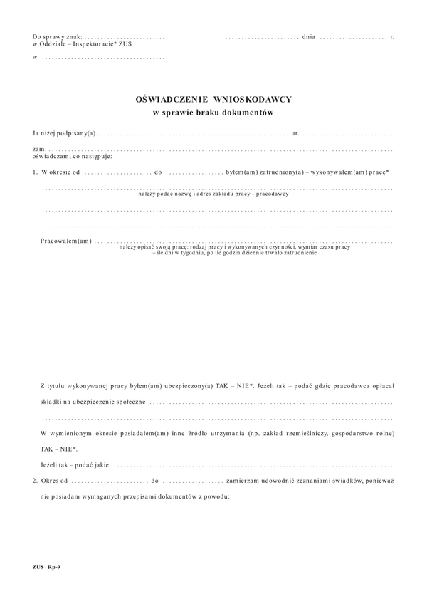 ZUS Rp-9 (od XII 2013) (archiwalny) Oświadczenie wnioskodawcy w sprawie braku dokumentów