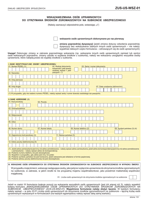 ZUS-US-WSZ-01 (archiwalny) Wskazanie/zmiana osób uprawnionych do otrzymania środków zgromadzonych na subkoncie ubezpieczonego