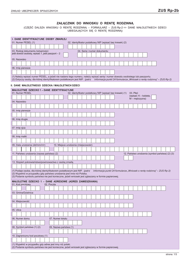 ZUS Rp-2b (archiwalny) Załącznik do wniosku o rentę rodzinną (część dalsza z formularza ZUS Rp-2 III. Dane małoletniego dziecka / małoletnich dzieci)