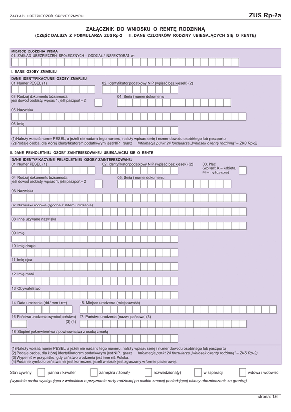 ZUS Rp-2a (archiwalny) (od 2015) Załącznik do wniosku o rentę rodzinną (część dalsza z formularza ZUS Rp-2 III. Dane członków rodziny ubiegających się o rentę)