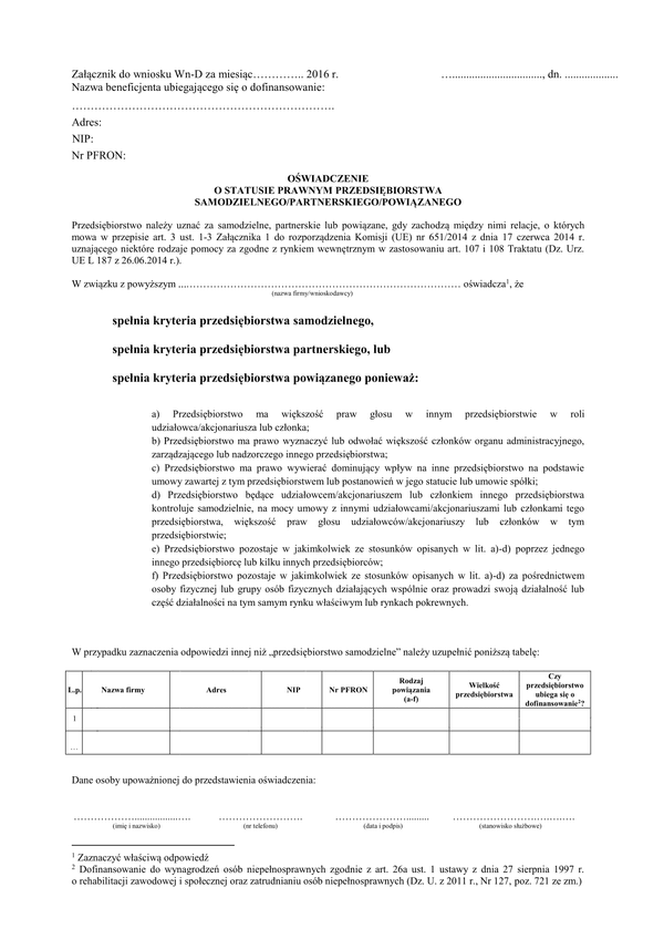 PFRON OosPPsPP (archiwalny) Oświadczenie o statusie prawnym przedsiębiorstwa samodzielnego/ partnerskiego/ powiązanego
