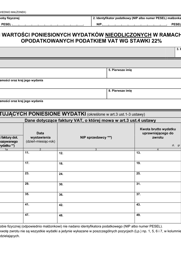 VZM-1/B (4) (od 2014) Wykaz faktur i wartości poniesionych wydatków nieodliczonych w ramach ulg mieszkaniowych, opodatkowanych podatkiem VAT wg stawki 22%