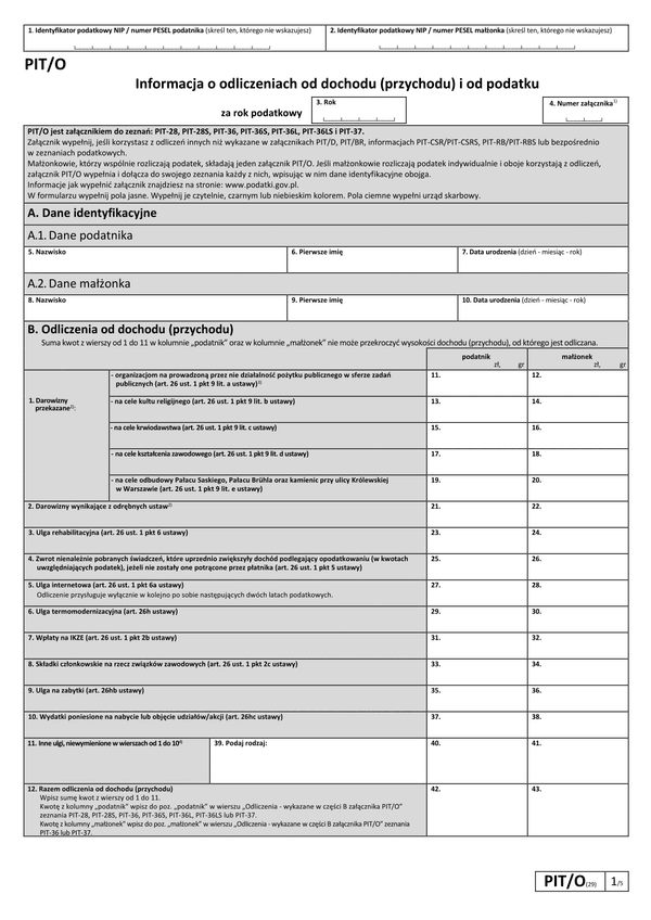 PIT/O (20) (2014) (archiwalny) Informacja o odliczeniach od dochodu (przychodu) i od podatku w roku podatkowym