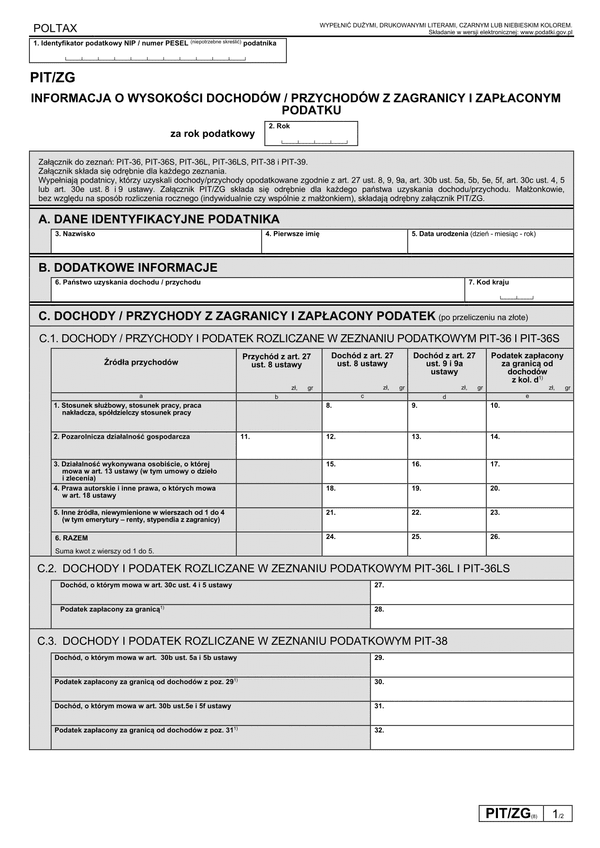 PIT/ZG (5) (archiwalny) (2014-2017) Informacja o wysokości dochodów z zagranicy i zapłaconym podatku 