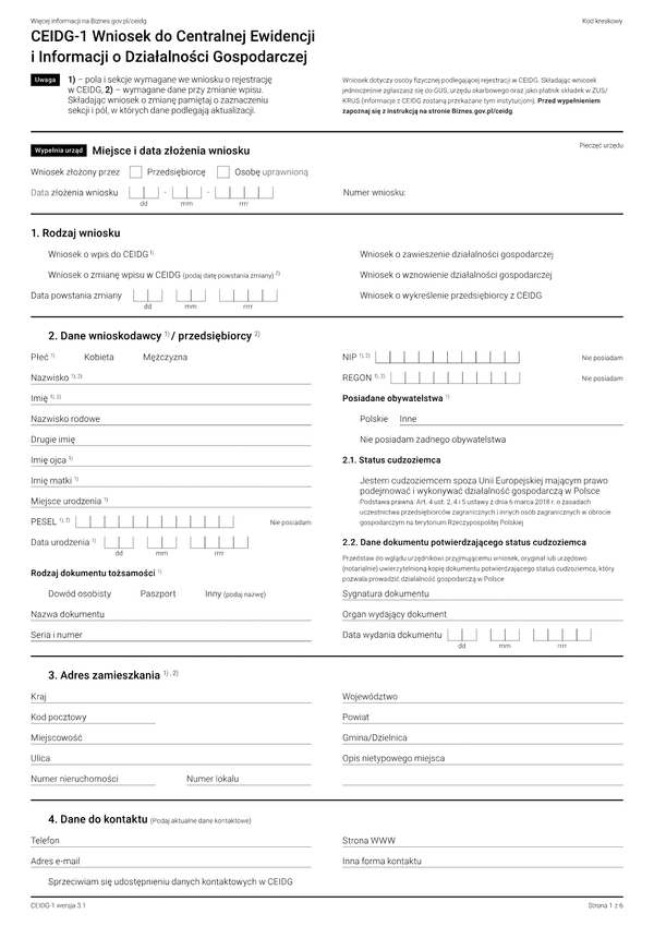 CEIDG-1 (1.8.1) (archiwalny) Wniosek o wpis do centralnej ewidencji i informacji o działalności gospodarczej