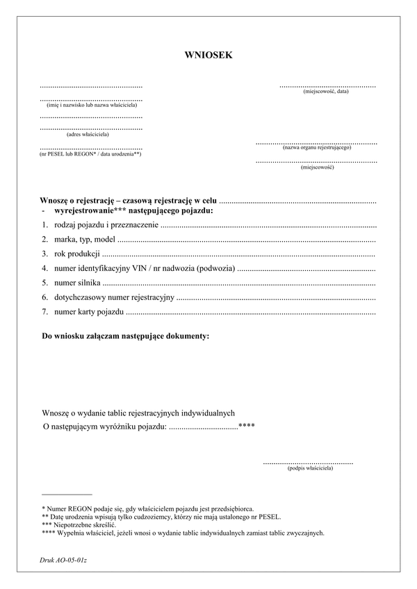 AO-05-01z (archiwalny) Wniosek o rejestrację, czasową rejestrację, wyrejestrowanie pojazdu