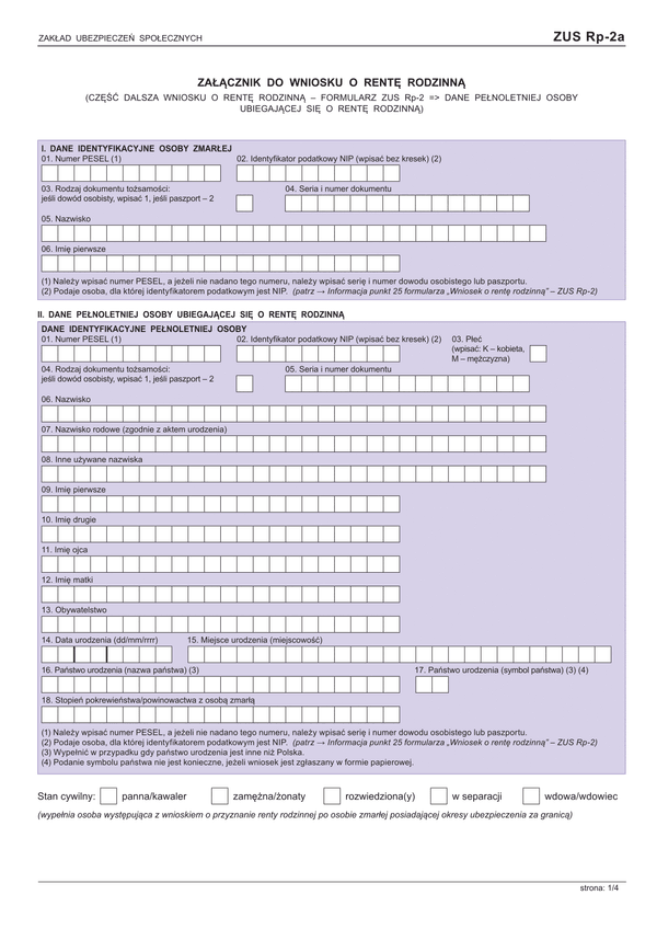 ZUS Rp-2a (archiwalny) (od VII 2015) Załącznik do wniosku o rentę rodzinną (część dalsza z formularza ZUS Rp-2 III. Dane członków rodziny ubiegających się o rentę)