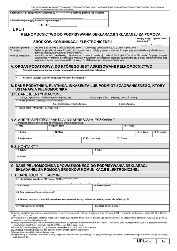 UPL-1 (6) (archiwalny) (od III 2017) Pełnomocnictwo do podpisywania deklaracji składanej za pomocą środków komunikacji elektronicznej