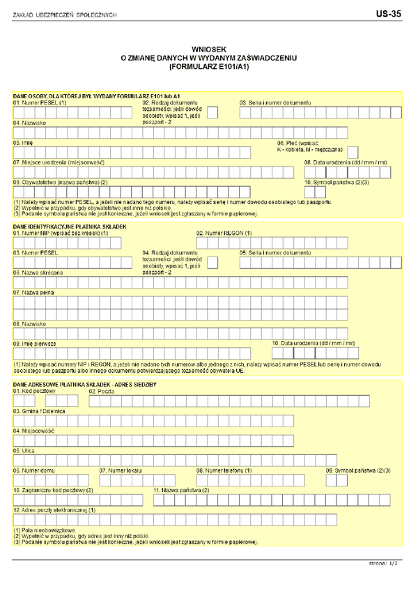 ZUS US-35 (archiwalny) Wniosek o zmianę danych zawartych w wydanym formularzu A1 lub E 101